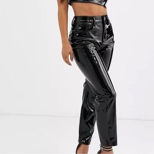 Petite High Waisted Slim Mom Jean in Black Vinyl